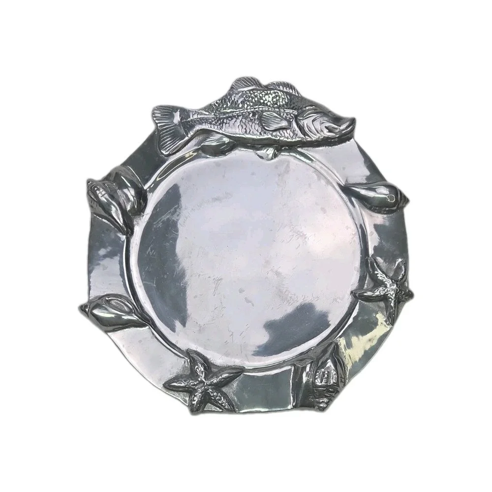 Decorative Tray Fish Starfish Shell Aluminum Silver Serving Platter Plate 13